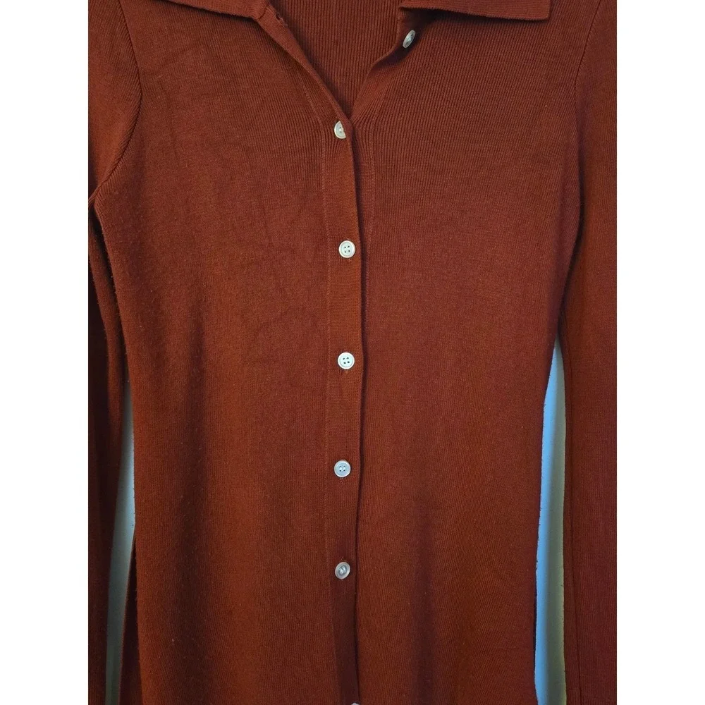 Free Assembly Ribbed Button Front Knit Top Rust Brown Collared Long Sleeve - Picture 5 of 12